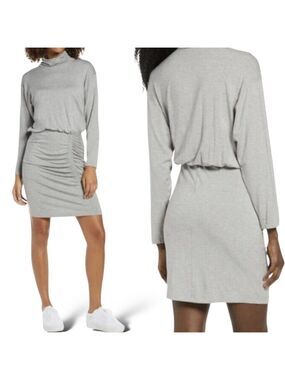FRAICHE Rayon Blend Grey Rusched Front Turtle Neck Long Sleeve Dress MADE IN USA